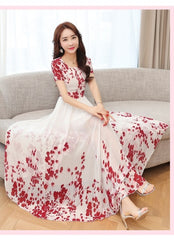 Round Collar Short Sleeve Flower Printed Chiffon Dress