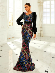 Round Neck Long Sleeve Sequin Mermaid Evening Party Dress