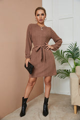 Round Neck Long Sleeve Solid Color Bandage Dress