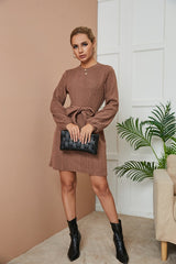 Round Neck Long Sleeve Solid Color Bandage Dress