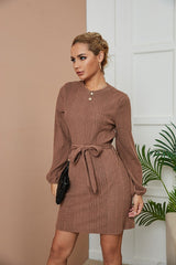 Round Neck Long Sleeve Solid Color Bandage Dress