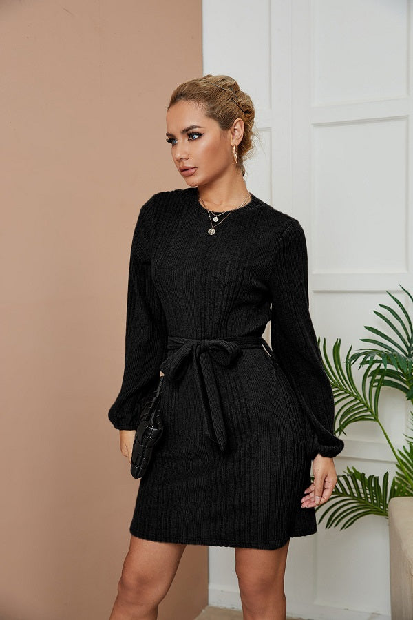 Round Neck Long Sleeve Solid Color Bandage Dress