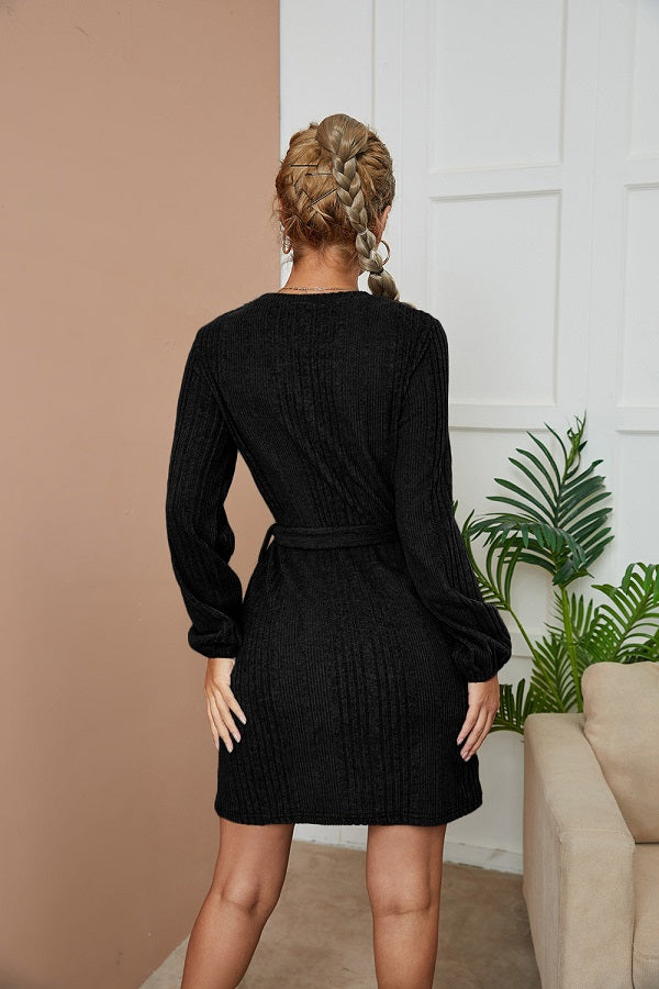 Round Neck Long Sleeve Solid Color Bandage Dress