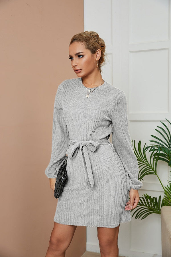Round Neck Long Sleeve Solid Color Bandage Dress
