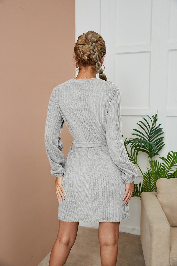Round Neck Long Sleeve Solid Color Bandage Dress