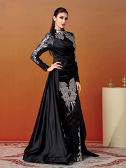 Round Neck Long Sleeved Sequin Mermaid Evening Wedding Graduation Church Dress