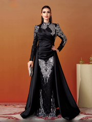 Round Neck Long Sleeved Sequin Mermaid Evening Wedding Graduation Church Dress