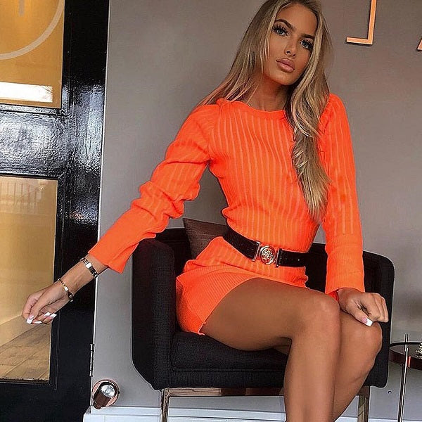 Round Neckline Long-sleeve Solid Color Slim Knit Dress