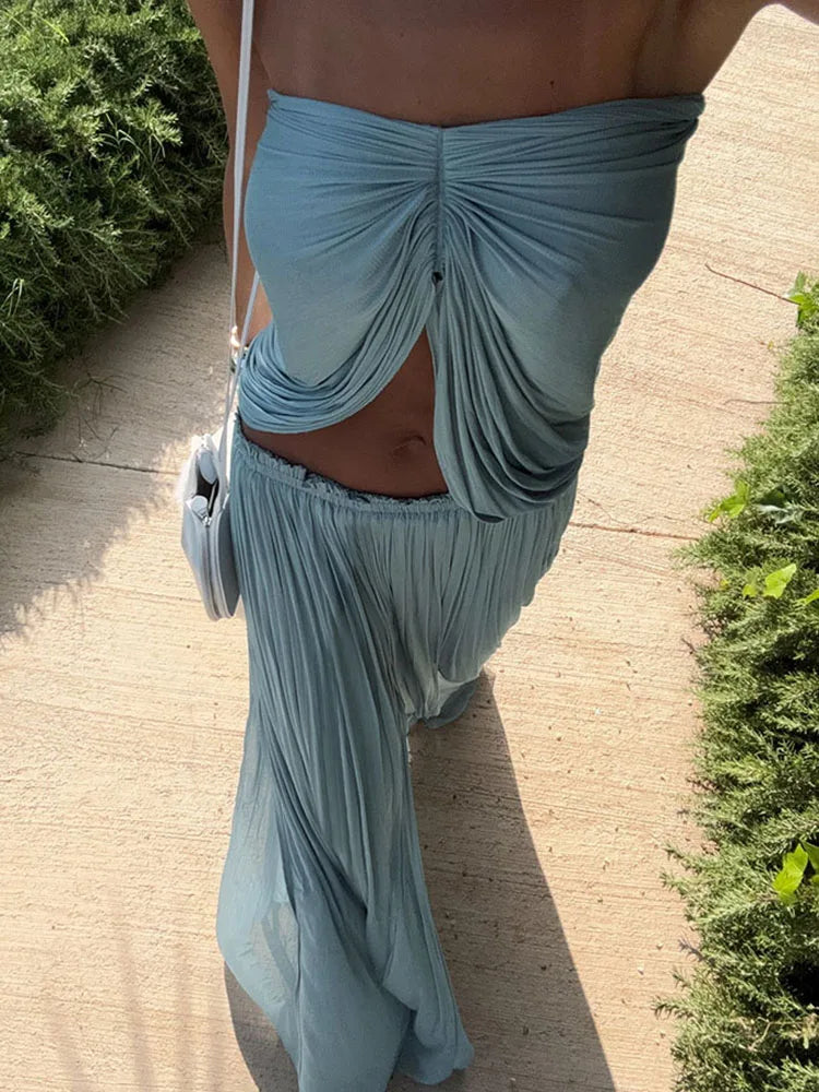 Ruched 2 Piece Set Irregular Navel Exposed Tube Tops+Splits Long Skirts Sets