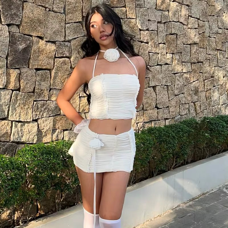 Ruched Backless Tank Top With 3d Floral Bodycon Elastic Mini Skirt Party Clubwear Outfits 2 Piece Set