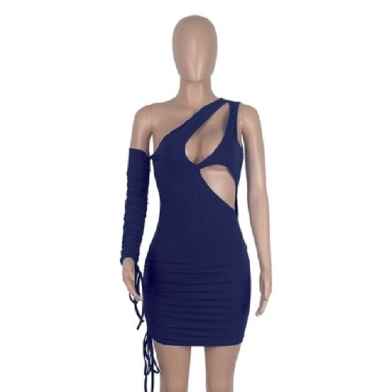 Ruched Long Sleeve Drawstring Hollow Out Bodycon Dress