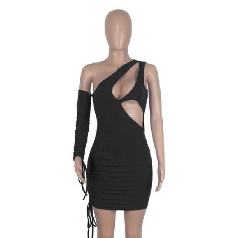 Ruched Long Sleeve Drawstring Hollow Out Bodycon Dress