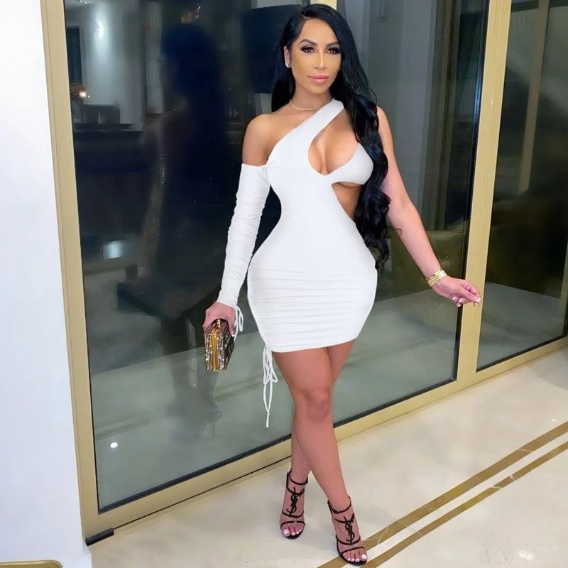 Ruched Long Sleeve Drawstring Hollow Out Bodycon Dress