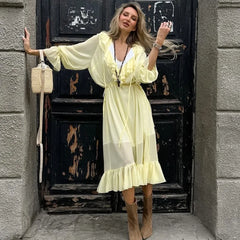 Casual Ruffle Loose Lace-up Patchwork Ruffle Party Vacation Long Dresses