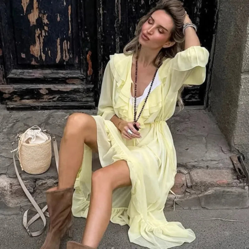 Casual Ruffle Loose Lace-up Patchwork Ruffle Party Vacation Long Dresses