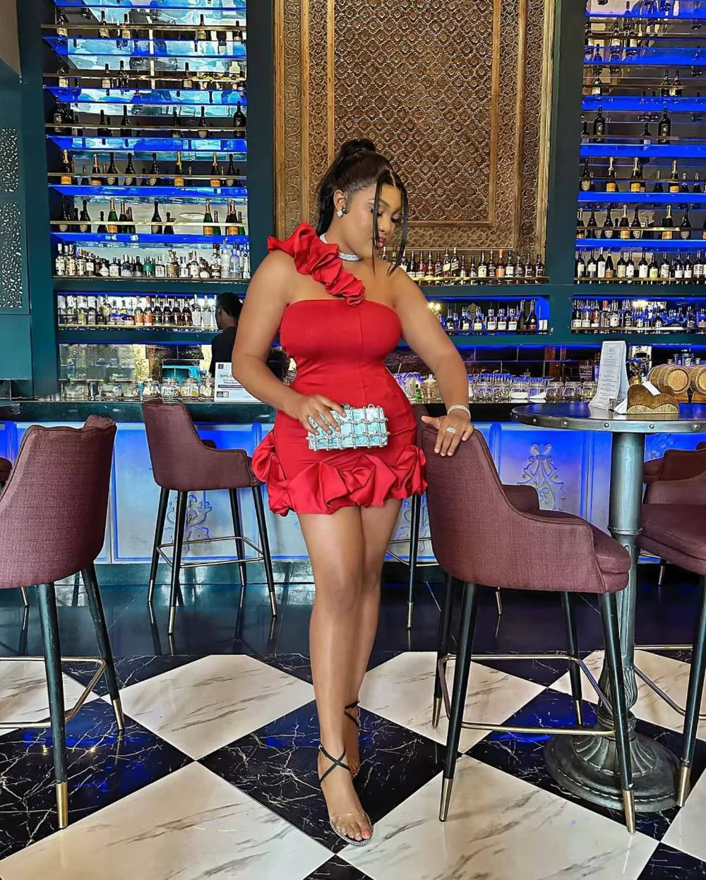 Ruffle Design One Shoulder Sleevleess Backless Ruched Party Club Bodycon Mini Dress