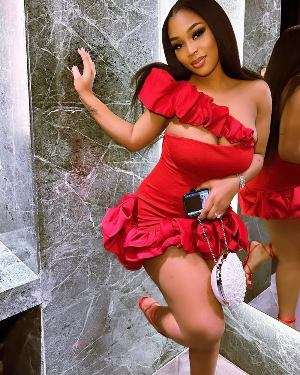 Ruffle Design One Shoulder Sleevleess Backless Ruched Party Club Bodycon Mini Dress