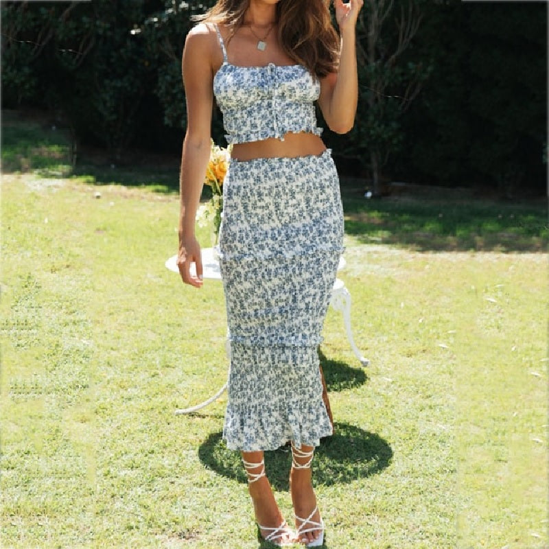 Ruffle Elastic Two Pieces  Holiday Long Dress