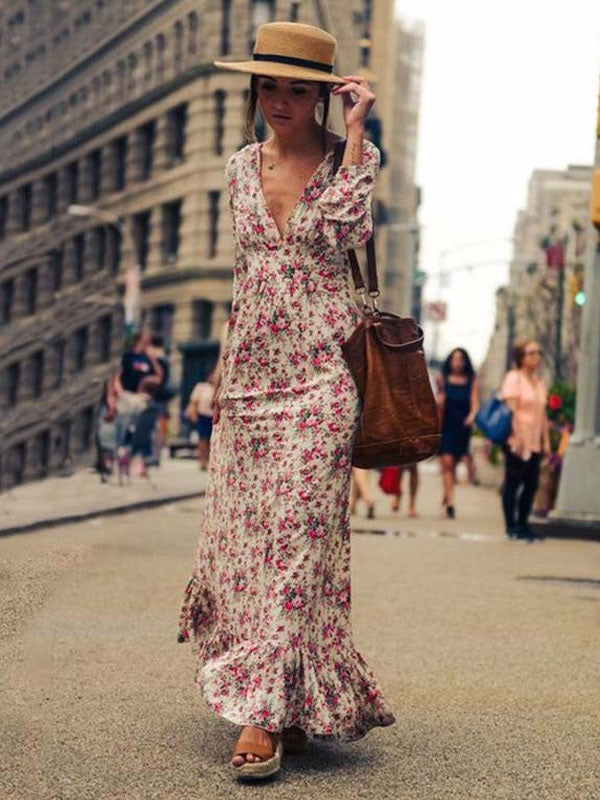 Ruffle Floral Printed Slim Fit Long Warp Maxi Dress