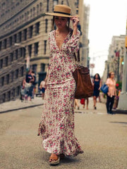 Ruffle Floral Printed Slim Fit Long Warp Maxi Dress
