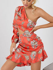 Ruffle Hem Print One Shoulder Long Sleeve Dress