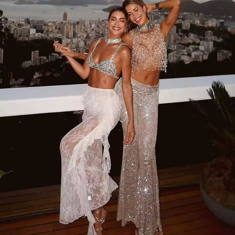 Ruffle Lace Maxi Skirt See Through Slim Club Party Beach Holiday Two Piece Set
