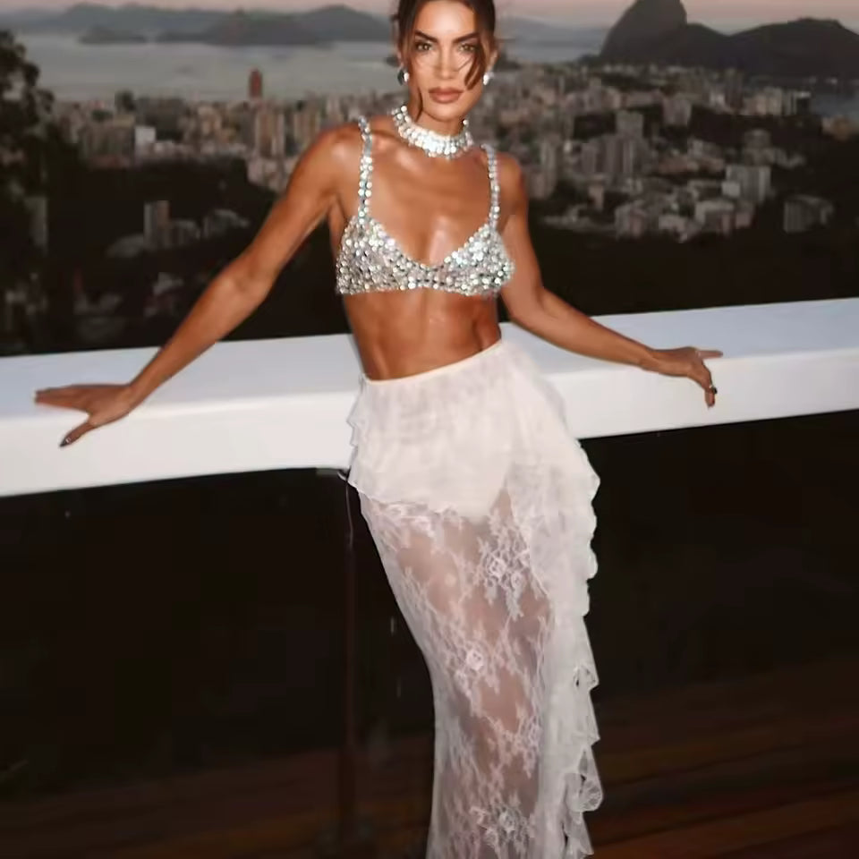 Ruffle Lace Maxi Skirt See Through Slim Club Party Beach Holiday Two Piece Set