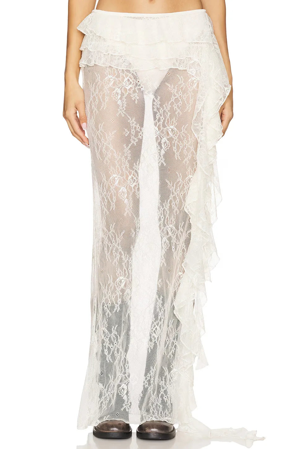 Ruffle Lace Maxi Skirt See Through Slim Club Party Beach Holiday Two Piece Set
