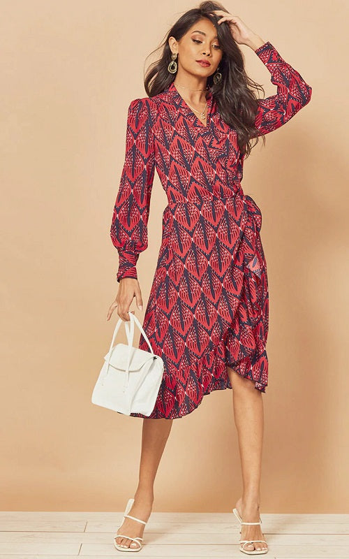 Ruffle Lantern Long Sleeve V Neck Midi Dresses