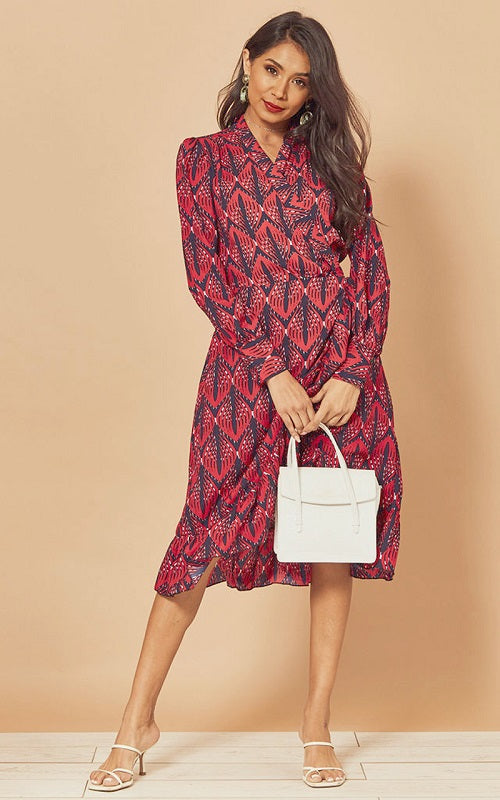 Ruffle Lantern Long Sleeve V Neck Midi Dresses