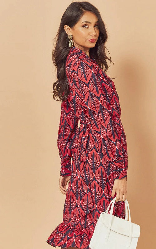 Ruffle Lantern Long Sleeve V Neck Midi Dresses