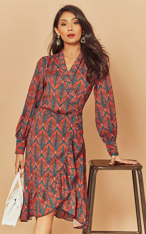 Ruffle Lantern Long Sleeve V Neck Midi Dresses