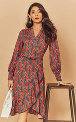 Ruffle Lantern Long Sleeve V Neck Midi Dresses