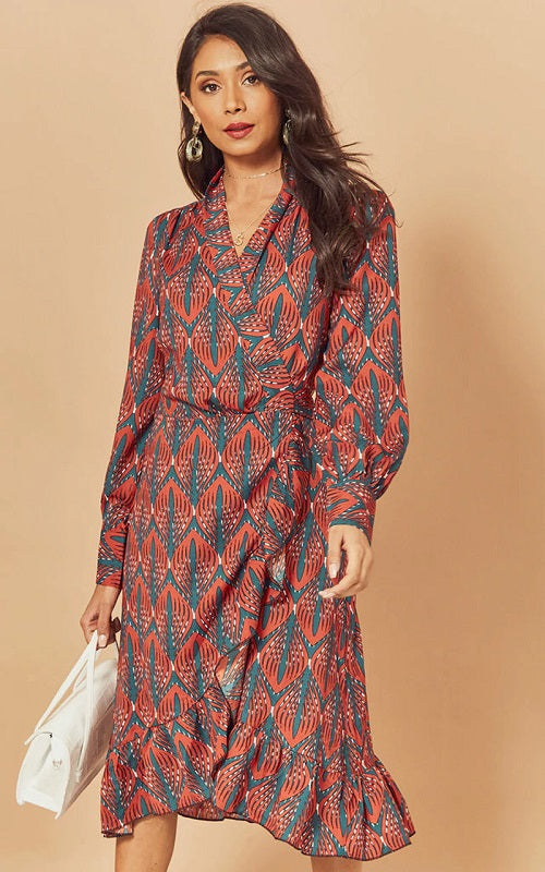 Ruffle Lantern Long Sleeve V Neck Midi Dresses