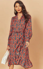 Ruffle Lantern Long Sleeve V Neck Midi Dresses