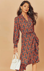 Ruffle Lantern Long Sleeve V Neck Midi Dresses