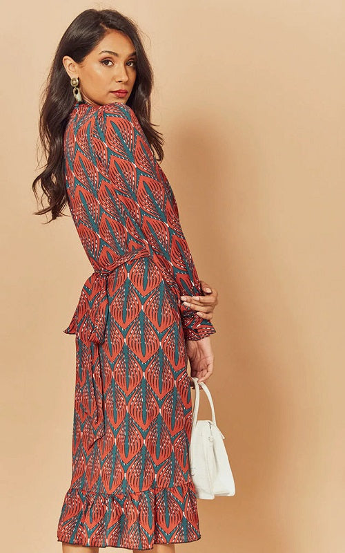 Ruffle Lantern Long Sleeve V Neck Midi Dresses