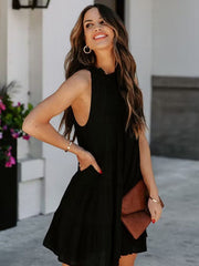 Ruffle O-Neck Sleeveless Solid Mini Dress