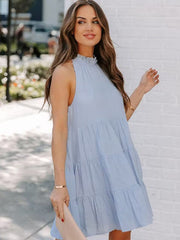 Ruffle O-Neck Sleeveless Solid Mini Dress