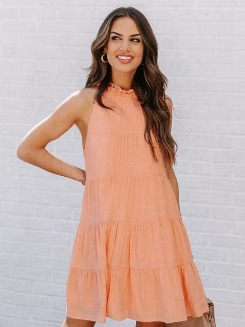 Ruffle O-Neck Sleeveless Solid Mini Dress