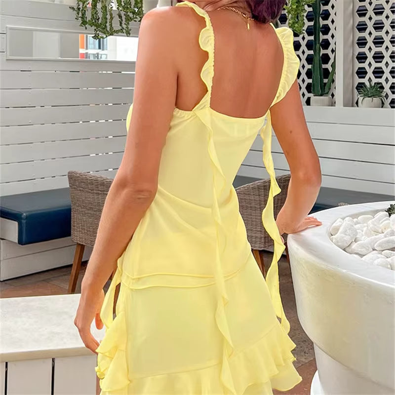 Ruffle Sheer Mesh Tank Top Low Rise Tiered Mini Skirts Two Piece Set