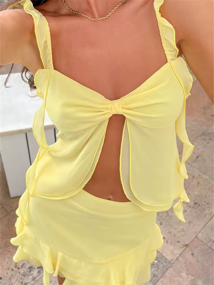 Ruffle Sheer Mesh Tank Top Low Rise Tiered Mini Skirts Two Piece Set