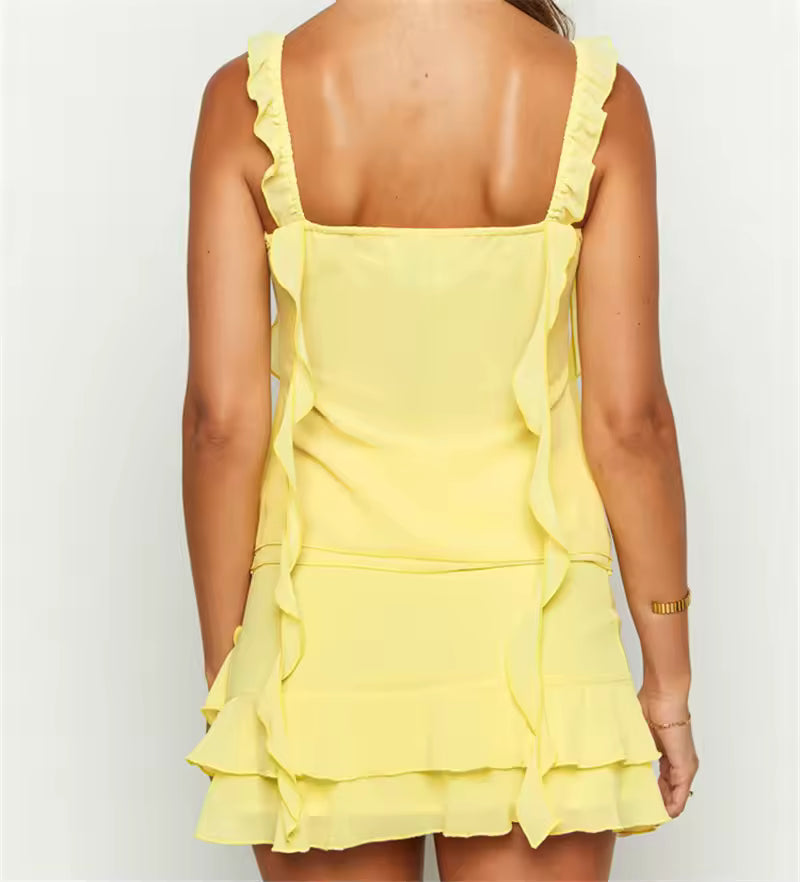 Ruffle Sheer Mesh Tank Top Low Rise Tiered Mini Skirts Two Piece Set