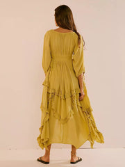 Ruffle Slit Three-quarter Sleeves Vacation Long Maxi Boho Dress