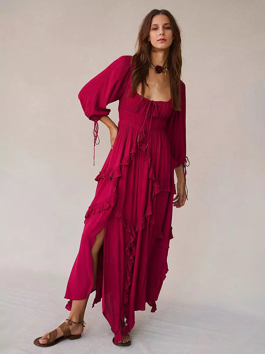 Ruffle Slit Three-quarter Sleeves Vacation Long Maxi Boho Dress