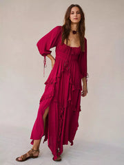 Ruffle Slit Three-quarter Sleeves Vacation Long Maxi Boho Dress
