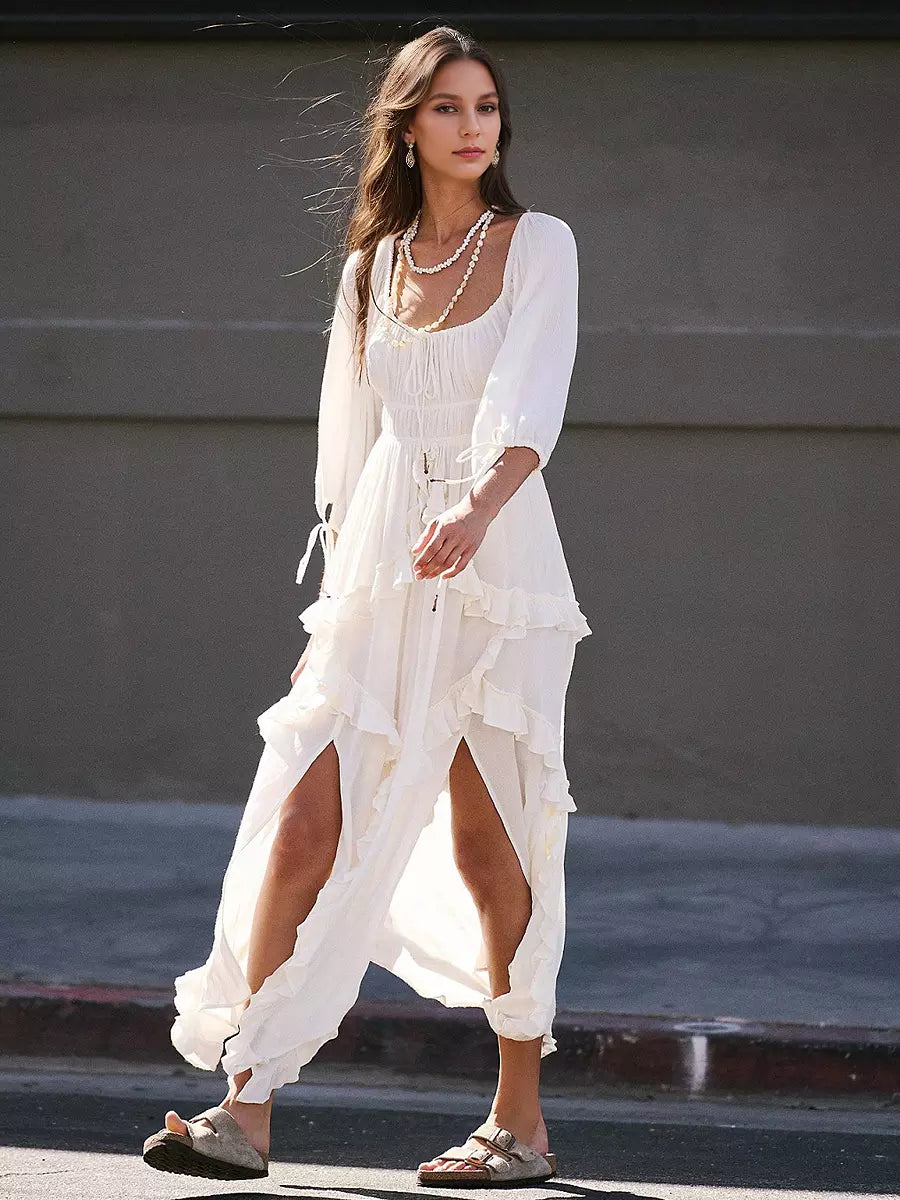 Ruffle Slit Three-quarter Sleeves Vacation Long Maxi Boho Dress