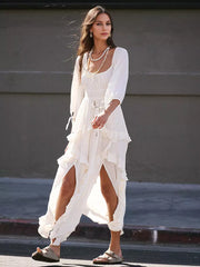 Ruffle Slit Three-quarter Sleeves Vacation Long Maxi Boho Dress