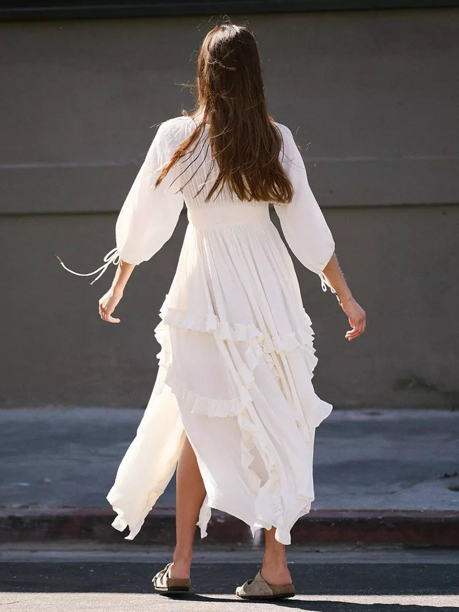 Ruffle Slit Three-quarter Sleeves Vacation Long Maxi Boho Dress