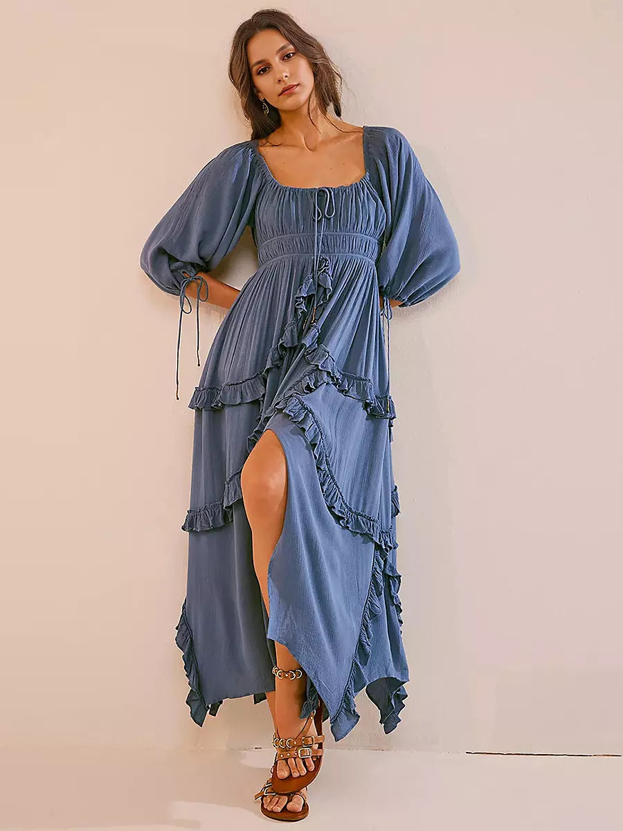 Ruffle Slit Three-quarter Sleeves Vacation Long Maxi Boho Dress